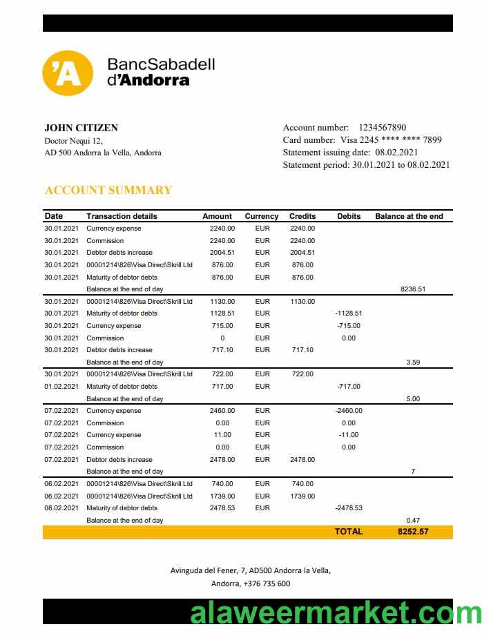 Andorra BancSabadell d'Andorra bank statement template in Excel and PDF format